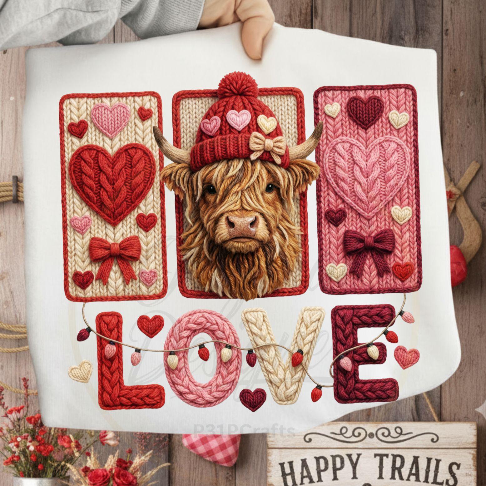 Highland Cow Knitted Embroidered Sweatshirt – Cozy Farm Animal Crewneck, Rustic Cottagecore Style