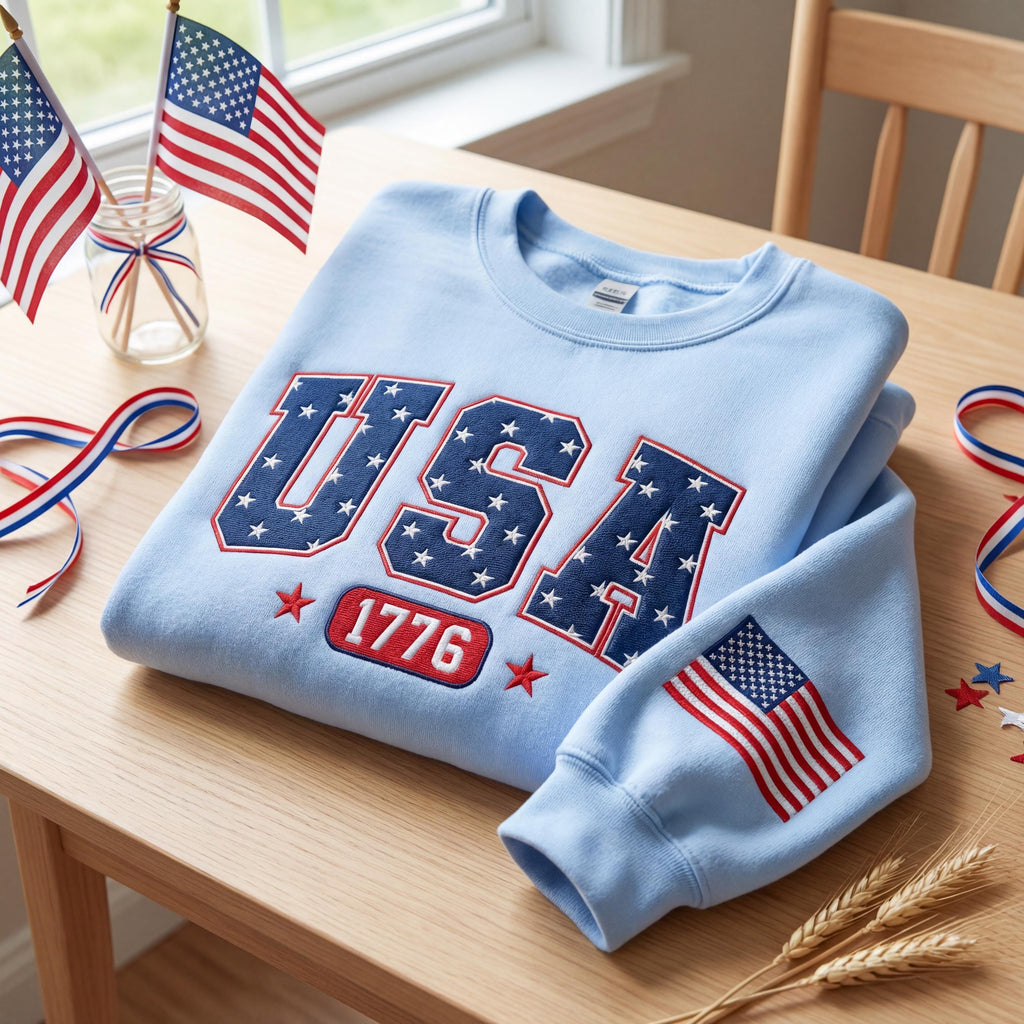Embroidered America 250th Anniversary Sweatshirt, Celebrate Our 250th Anniversary Sweater, Usa Flag on Sleeve, Unisex Independence Day Gift