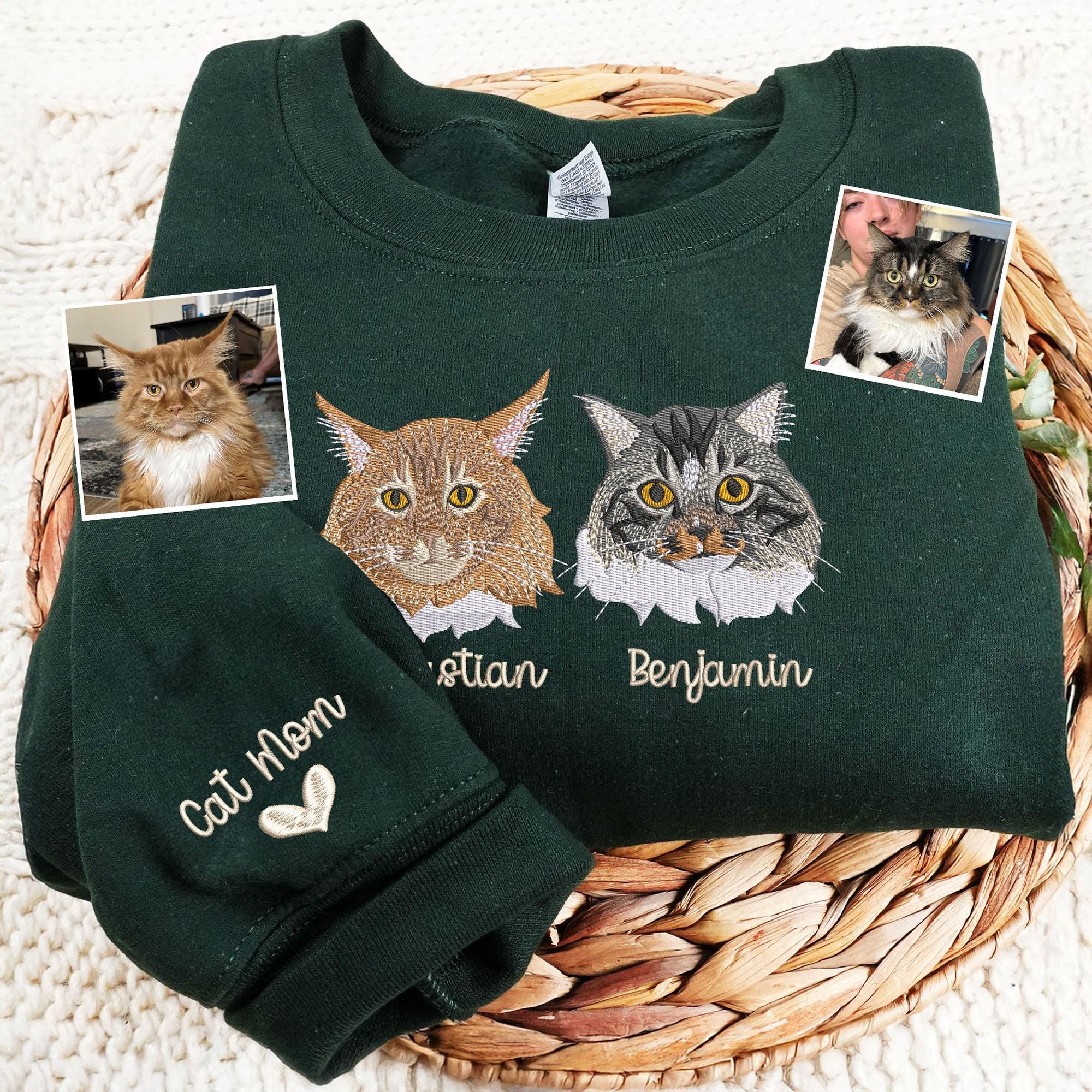 Embroidered Cat Mom Sweatshirt for Women – Custom Pet Portrait Crewneck from Photo, Personalized Cat Lover Gift, Birthday Present for Mom