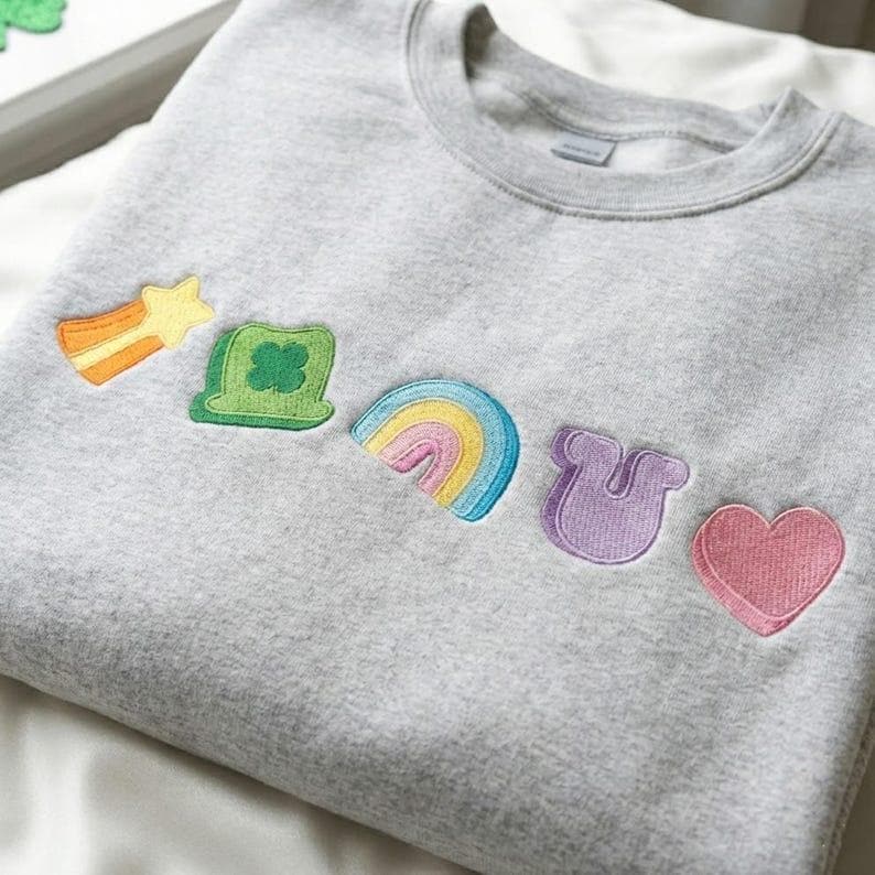 Lucky Charm Embroidered Sweatshirt, St Patrick’s Day Shamrock Rainbow Crewneck, Irish Gift Shirt