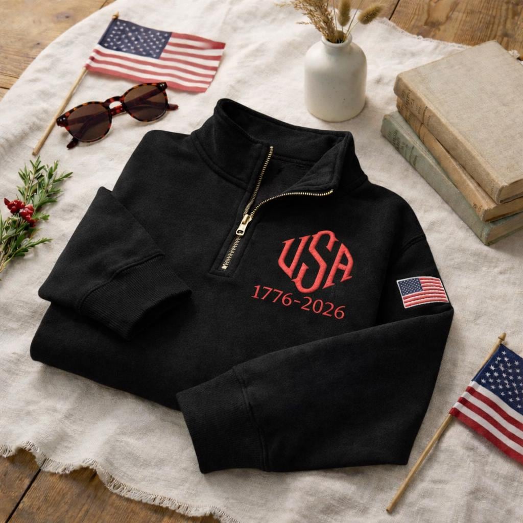 Embroidered USA 250 Years Quarter Zip Sweatshirt, Retro USA With Flag Shirt, Patriotic USA Sweatshirt, 250th Anniversary, America 1776-2026