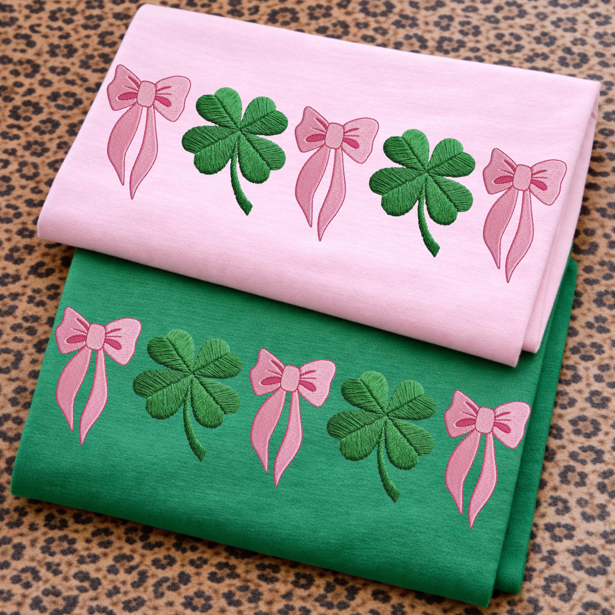 Coquette Bow Lucky Shamrock Embroidered Sweatshirt – St. Patrick’s Day Trendy Green Crewneck, Cute Irish Holiday Wear