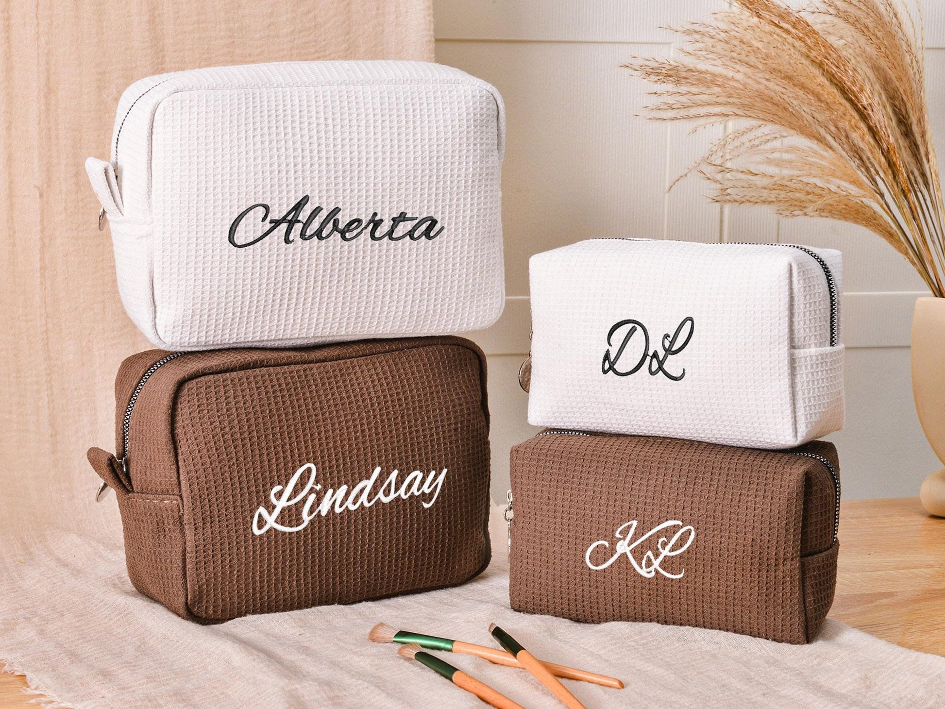 Custom Name Waffle Makeup Bag – Embroidered Monogram Cosmetic Pouch, Bridesmaid Gift, Gift for Her