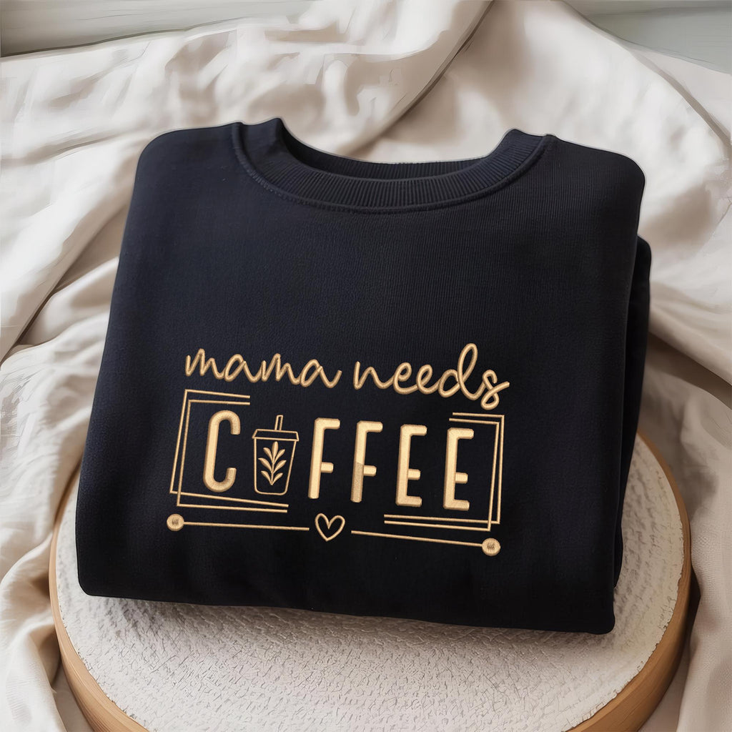 Mama Needs Coffee Sweatshirt – Funny Mom Tee with Iced Coffee Embroidery, Mom Coffee Sweatshirt, Cozy Gift for Coffee Lovers
