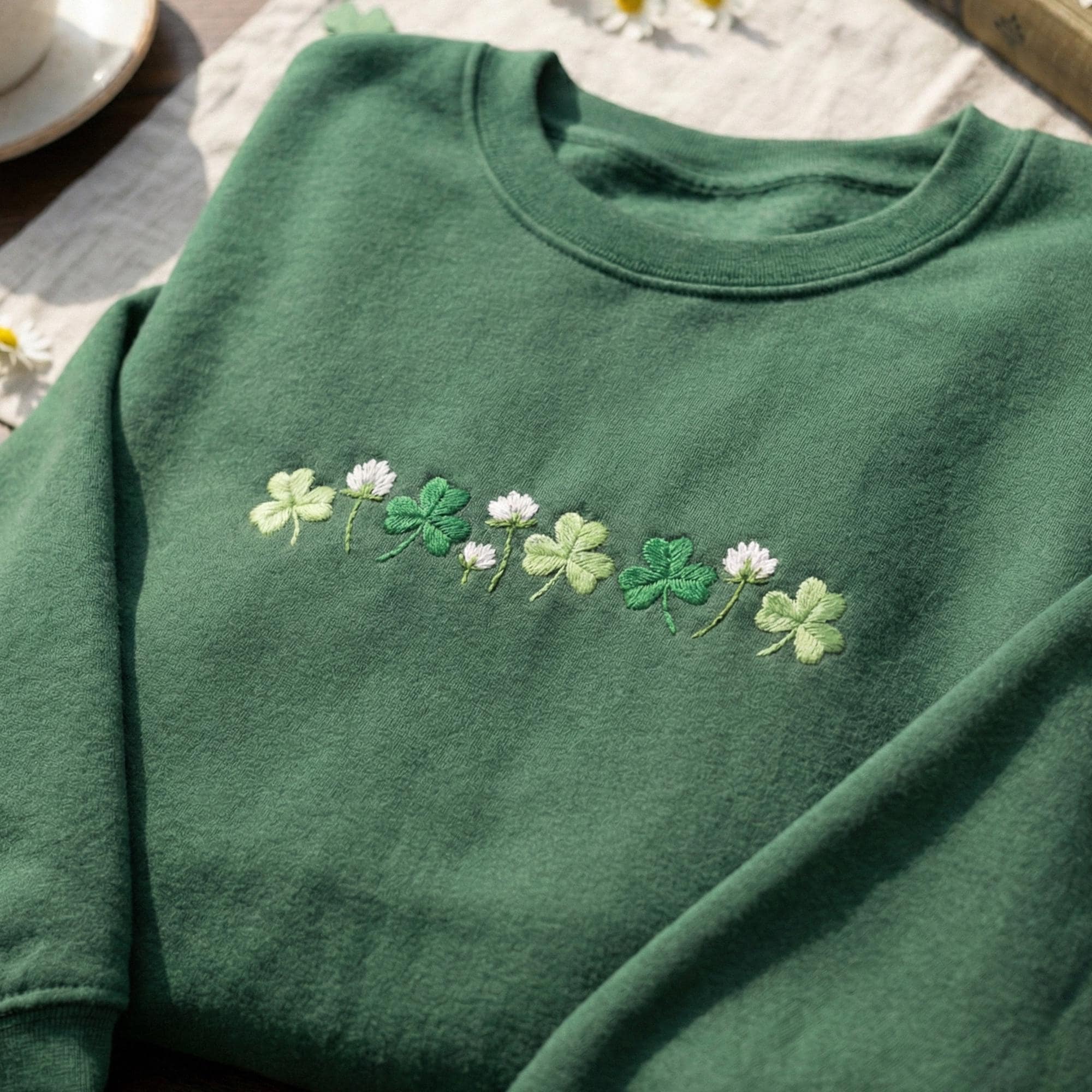 Embroidered Shamrocks Crewneck – St. Patrick’s Day Irish Sweatshirt, Shamrock Meadow Design