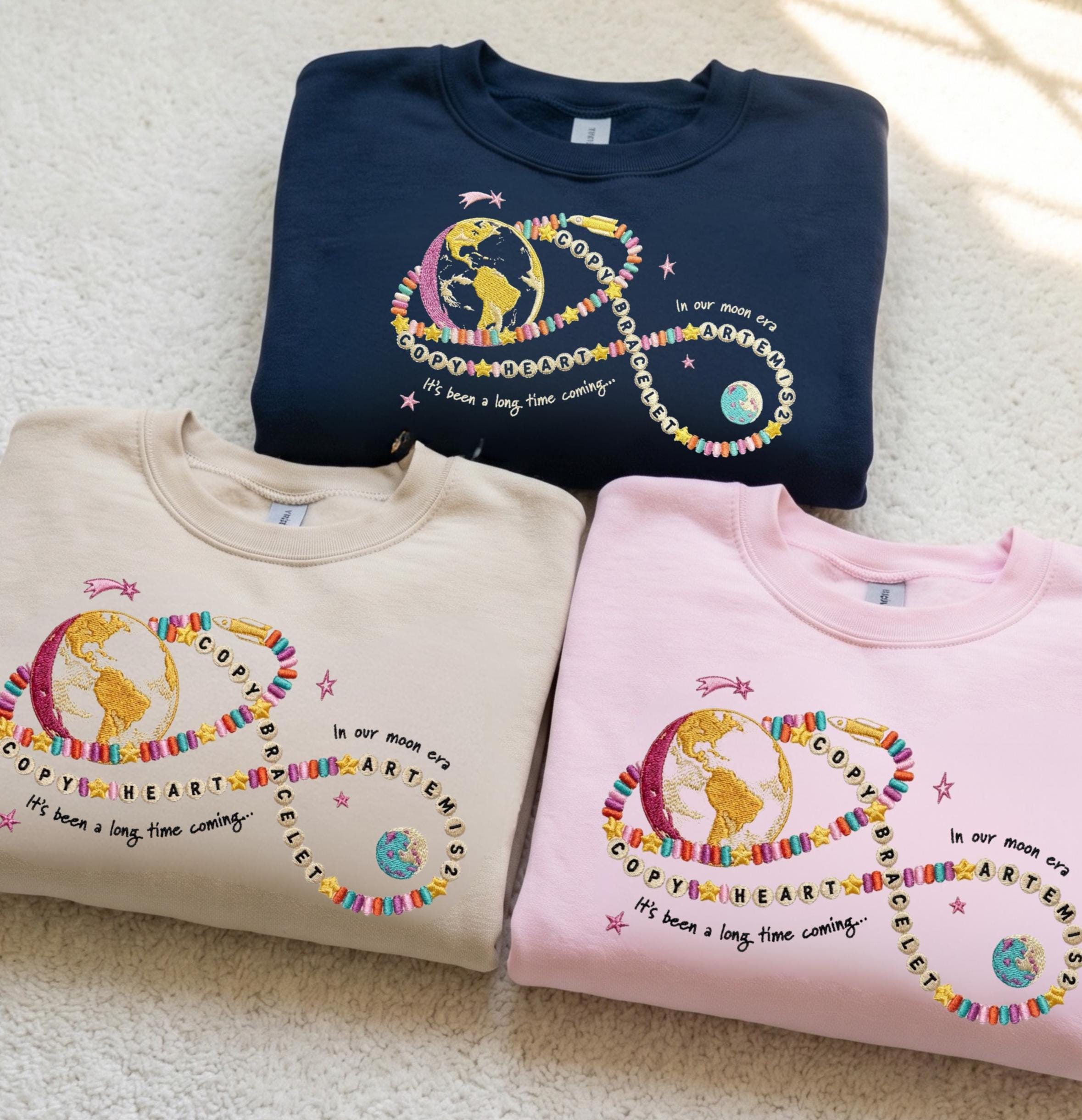 Heart Bracelet Embroidered Sweatshirt, Moon Joy Quote Shirt, Minimal Lunar Space Design, Night Sky Gift for Women