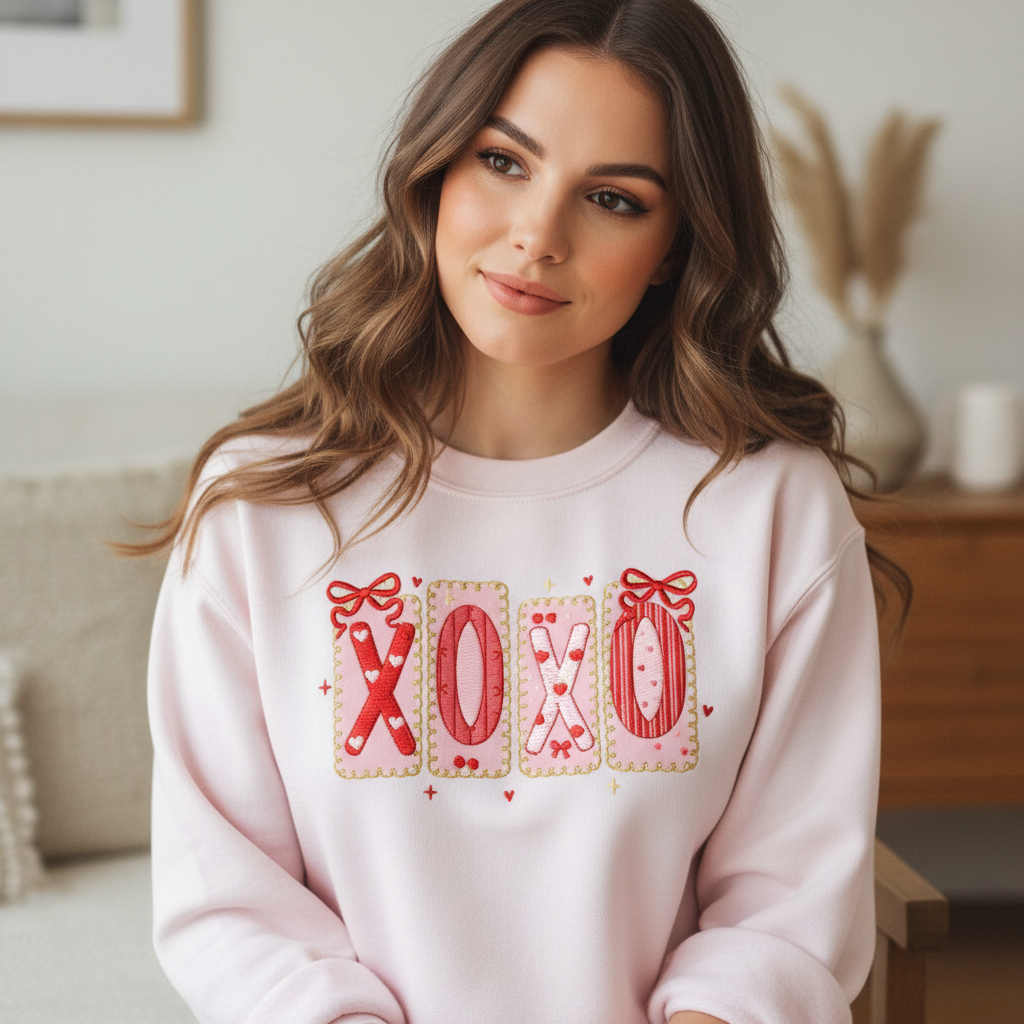 XOXO Valentine Embroidered Sweatshirt, Pink Red Heart Coquette Crewneck, Trendy Valentine’s Day Sweatshirt