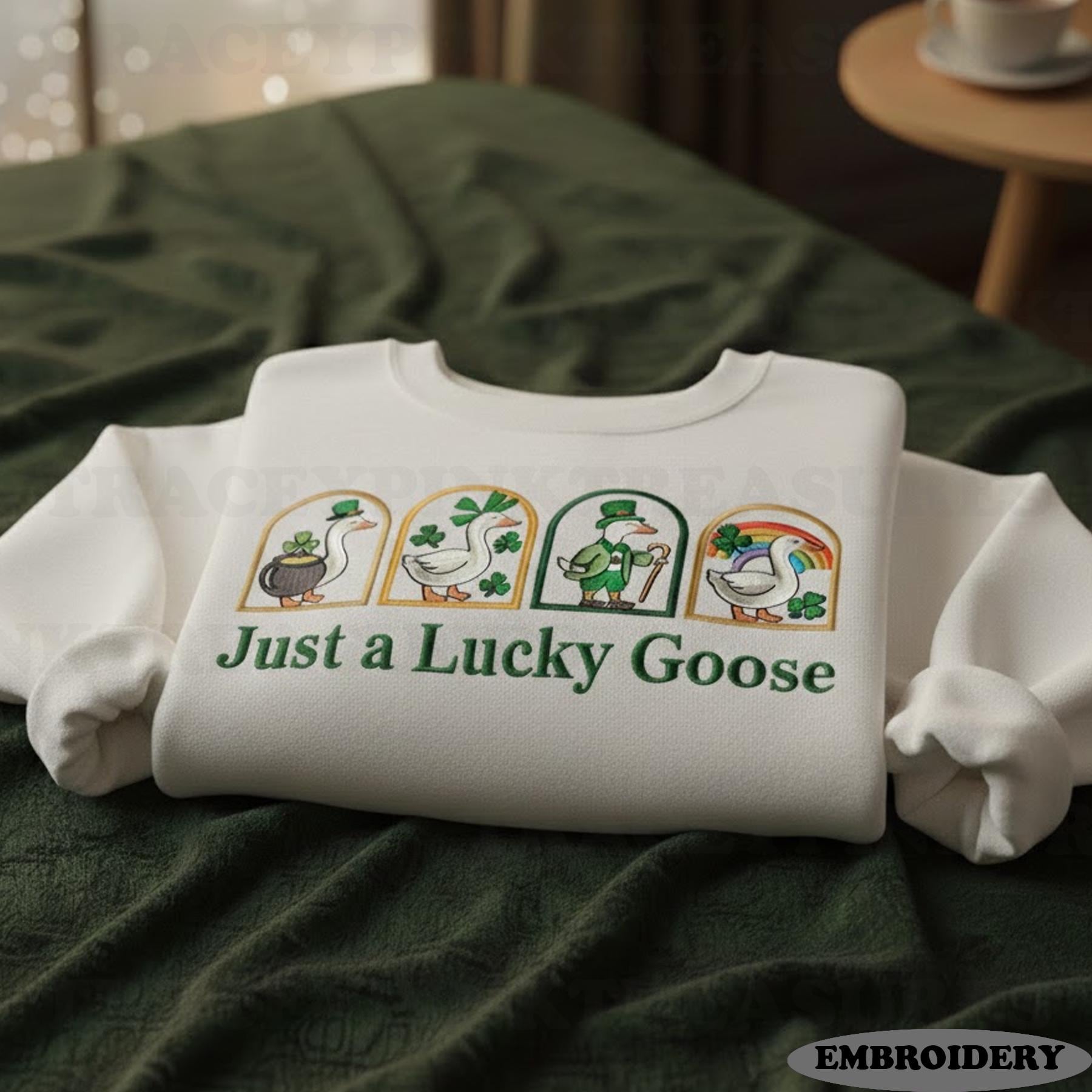 Embroidered St. Patrick’s Day Goose Shirt – Cute Funny Irish Goose Embroidery, Lucky Shamrock Holiday Gift