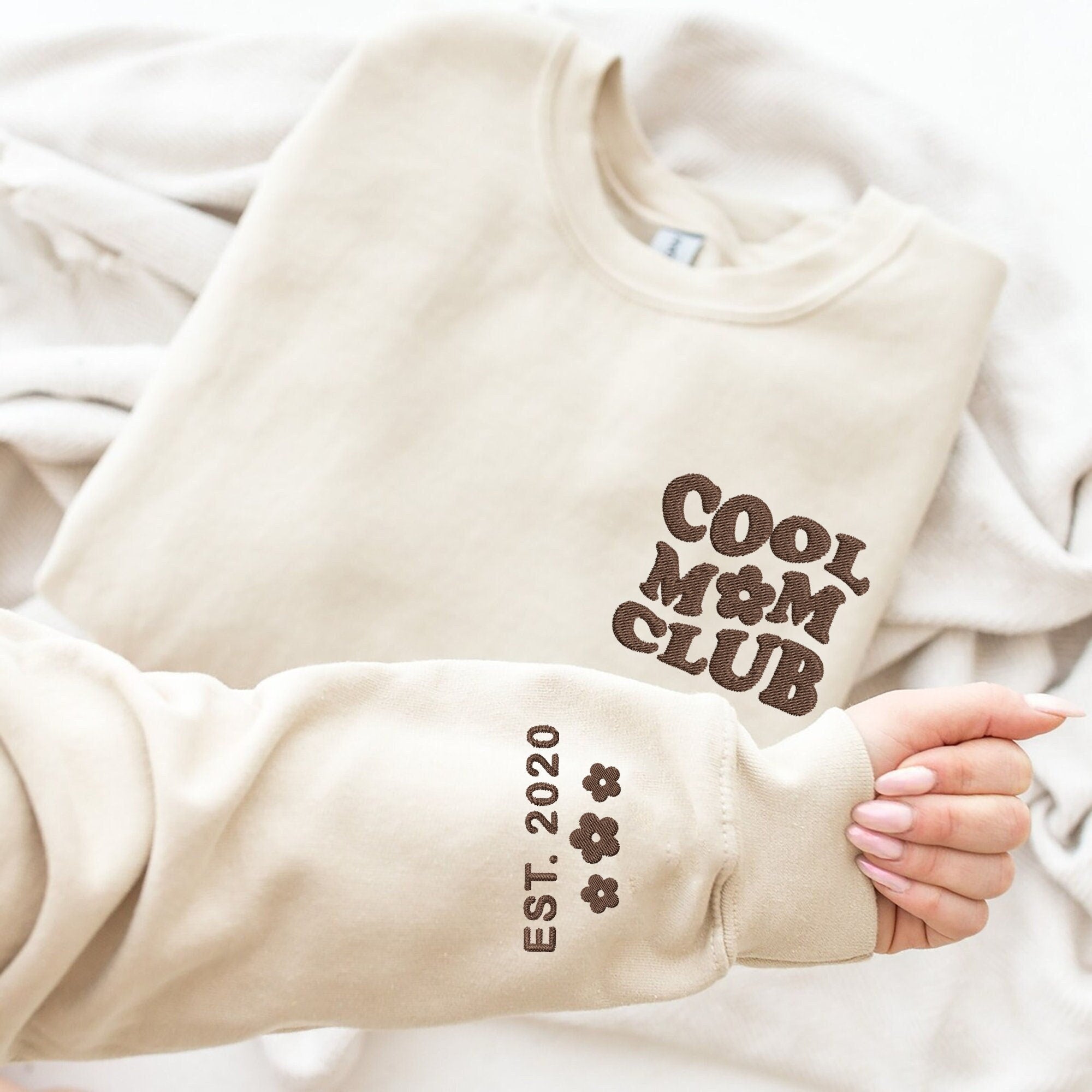 Custom Cool Mom Club Embroidered Sweatshirt, Embroidered Mom Sweatshirt, Names on Sleeve, Mom Crewneck Sweatshirt, Personalized Mom Gifts