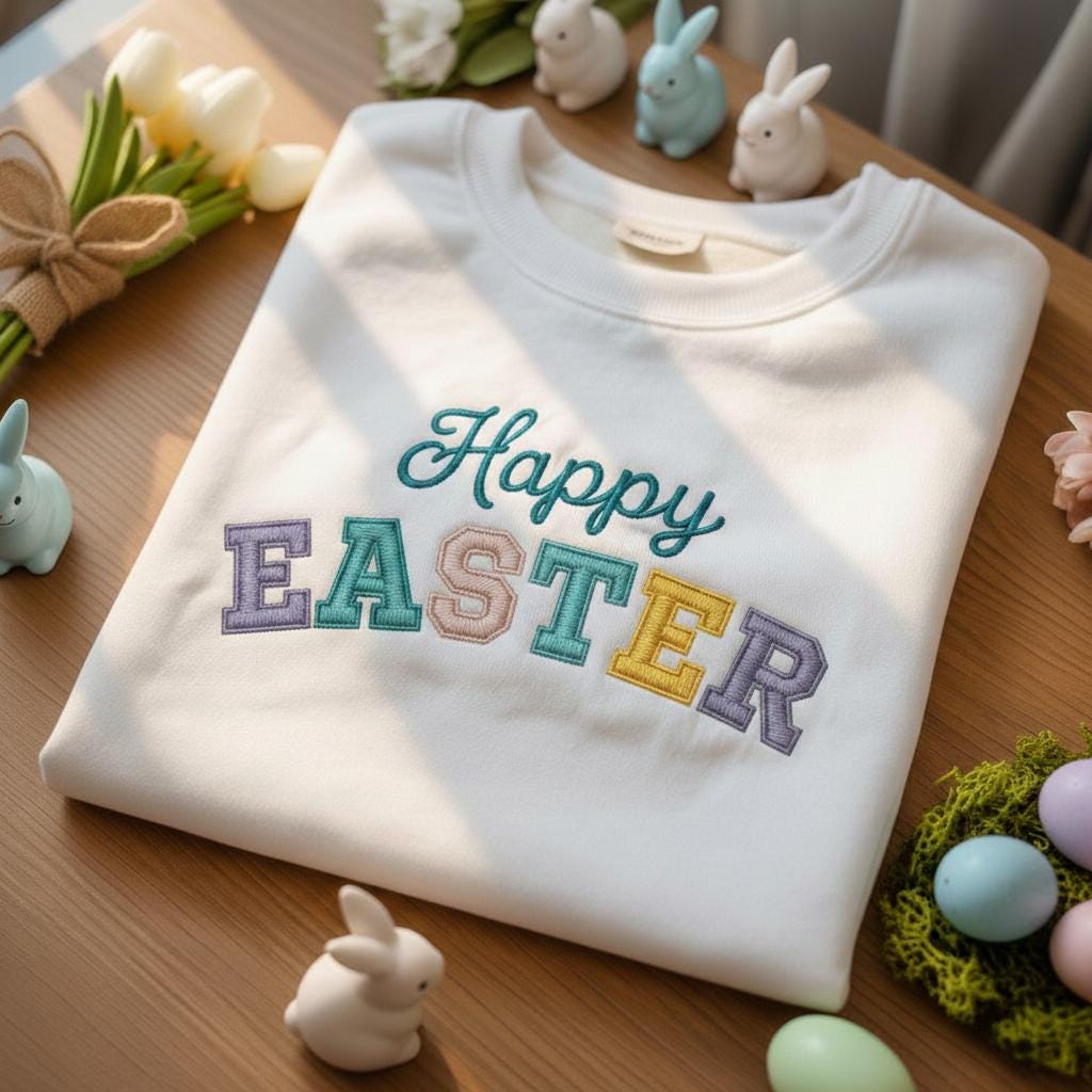 Embroidered Happy Easter Sweatshirt for Women – Cute Bunny Spring Crewneck Pullover