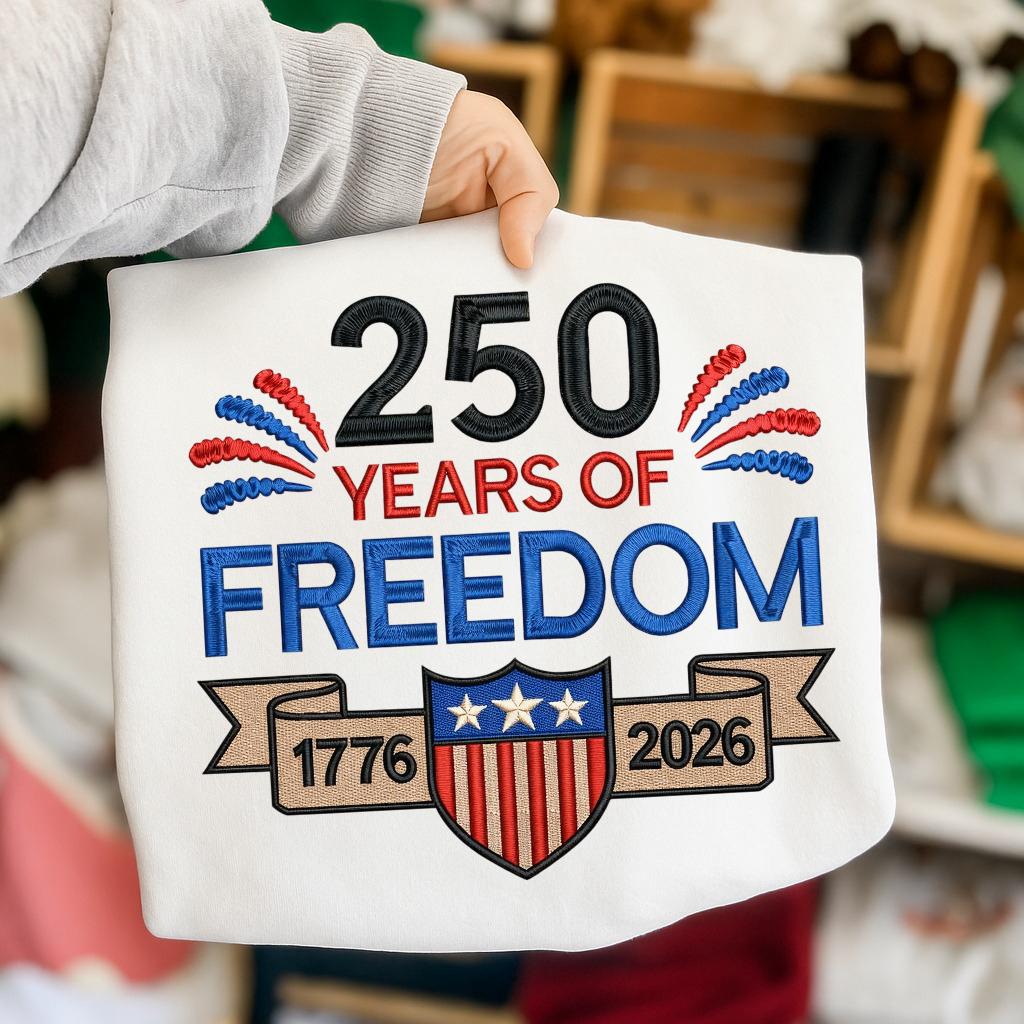 250 Years of Freedom USA Embroidered Sweatshirt – Independence Day 1776–2026 Patriotic Crewneck