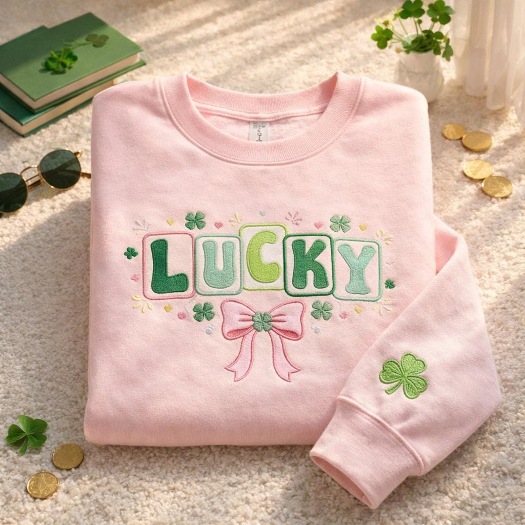 Lucky Shamrock Embroidered Sweatshirt – Blessed & Grateful Vibes Retro St. Patrick’s Day Irish Green Crewneck Gift