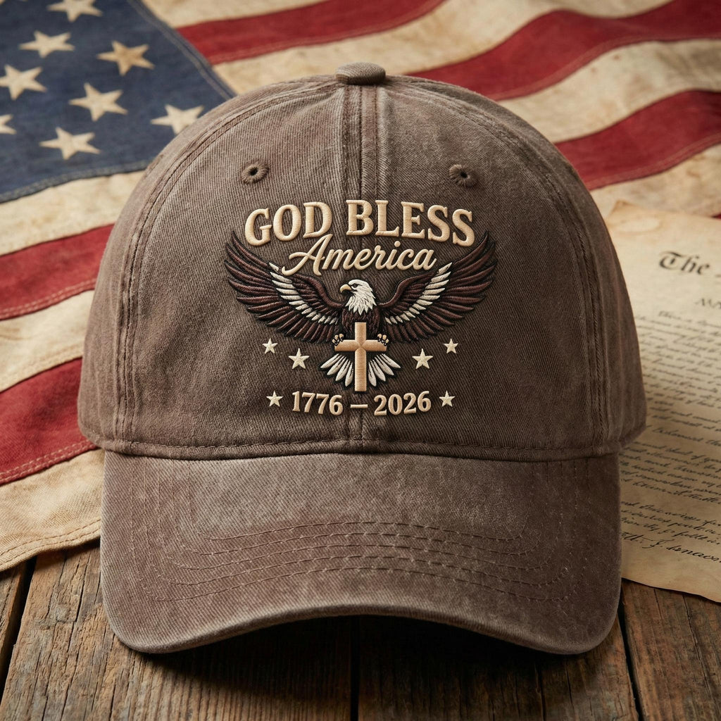 Embroidered God Bless USA Hat, 250th Anniversary 1776-2026 Washed Dad Cap, Patriotic Cross Eagle Cap, America 250 Gift