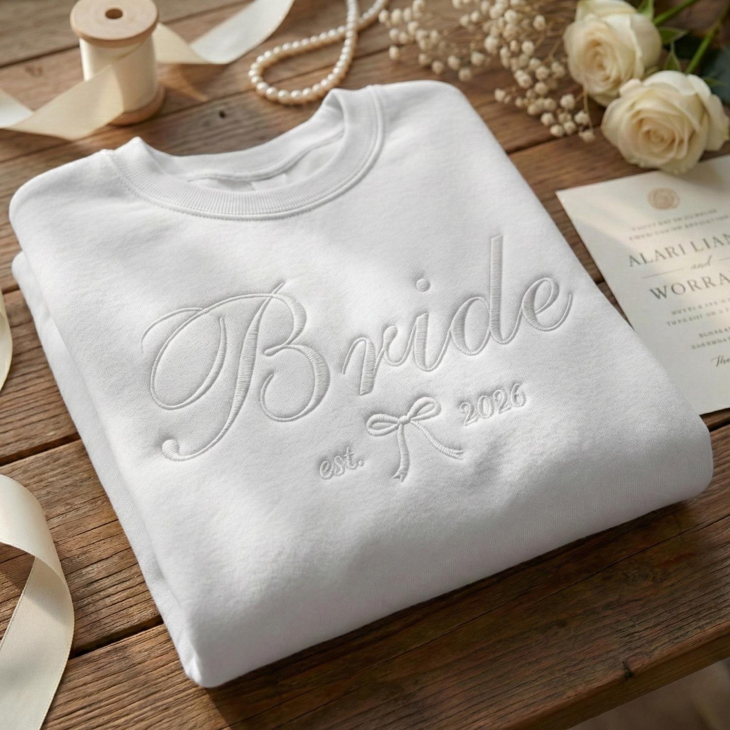 Embroidered Bride, Bridesmaid or Maid of Honor Sweatshirt, Custom Wedding Date, Personalized Bridal Party Gift, Bachelorette Crewneck