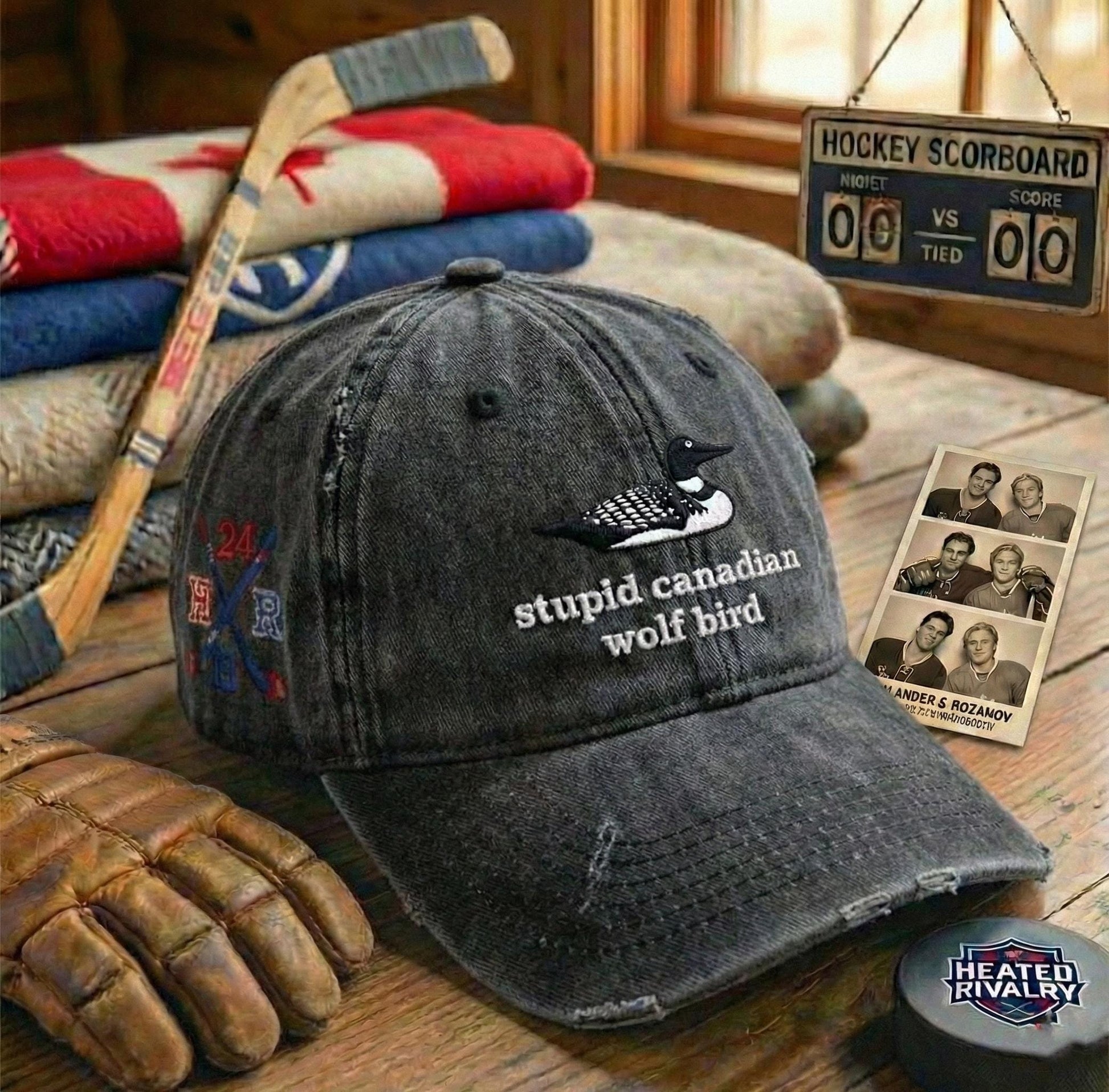 Stupid Canadian Wolf Bird Embroidered Washed Hat, Hockey Romance LGBT Hockey Fan Gift, Heated But Devote Movie Baseball Hat, Team Hollanov