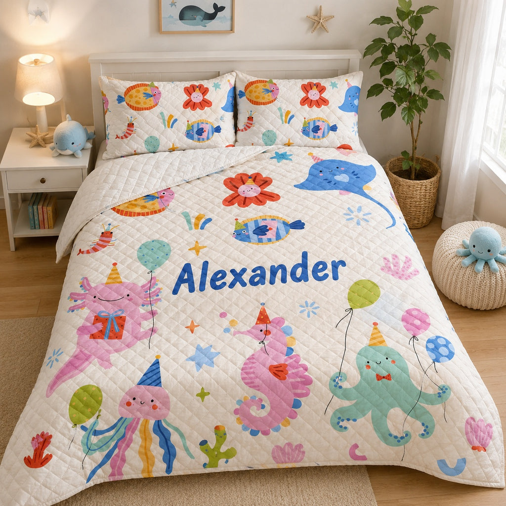 Personalized Under the Sea Quilted Bedding Set, Custom Name Kids Ocean Quilt Set with Pillow Covers, Cute Sea Animals Bedroom Decor QBEDSET01