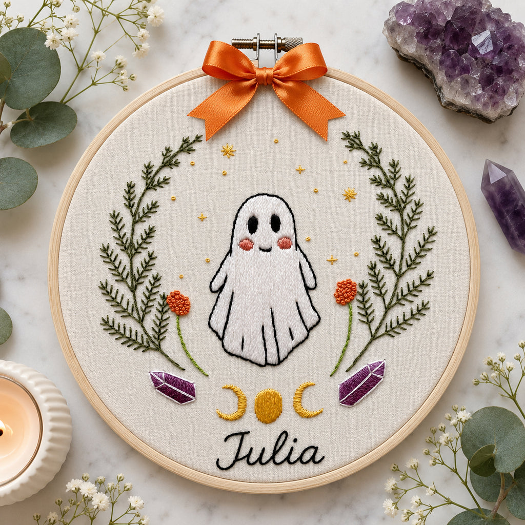 Personalized Ghost Embroidery Hoop Art, Halloween Nursery Wall Decor, Custom Name Fall Embroidery, Cute Spooky Handmade Gift HOOP02