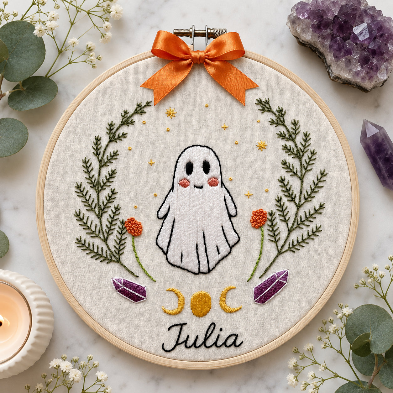 Personalized Ghost Embroidery Hoop Art, Halloween Nursery Wall Decor, Custom Name Fall Embroidery, Cute Spooky Handmade Gift HOOP02