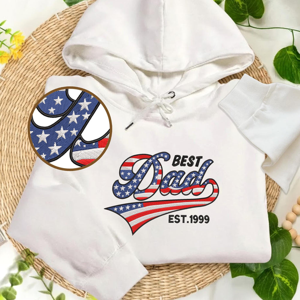 Best Dad American Flag Embroidery Hoodie, Custom Number or Name Embroidery, Father's Day Gifts