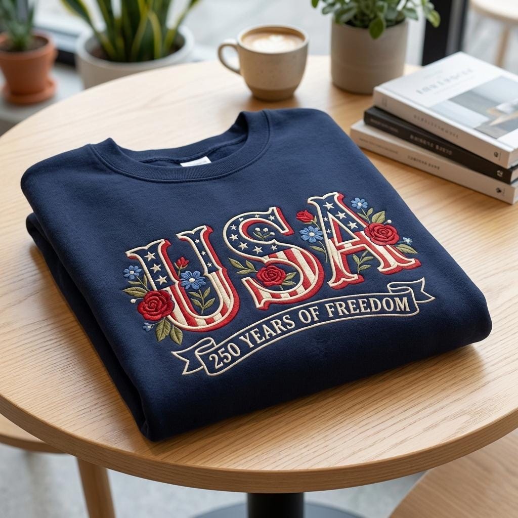 USA 250 Embroidered Sweatshirt, 1776–2026 Independence Day Shirt, 250th Anniversary USA Flag Tee, 4th of July Patriotic Shirt, American Gift