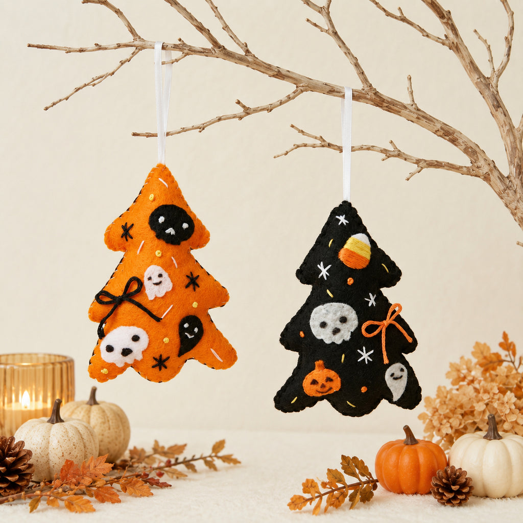 Set 4Pcs Handmade Halloween Tree Felt Tree Ornament, Cute Ghost Pumpkin Skull Hanging Decoration, Spooky Halloween Gift HFOR03