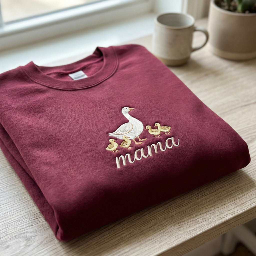 Embroidered Custom Duck Mom and Baby Sweatshirt, Mama Duck And Baby Sweater, Varsity Mama Personalized Year Crewneck