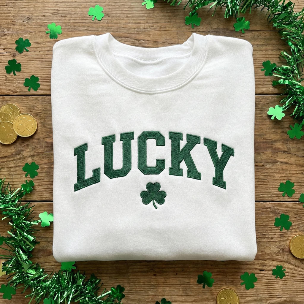 Lucky Embroidered Sweatshirt, St. Patrick’s Day Luck Crewneck, Shamrock Embroidery Shirt, Green Varsity Lettering Pullover