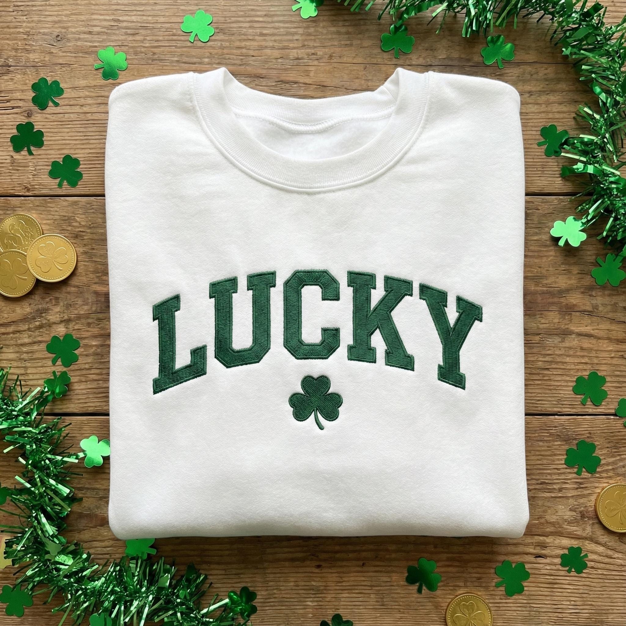Lucky Embroidered Sweatshirt, St. Patrick’s Day Luck Crewneck, Shamrock Embroidery Shirt, Green Varsity Lettering Pullover