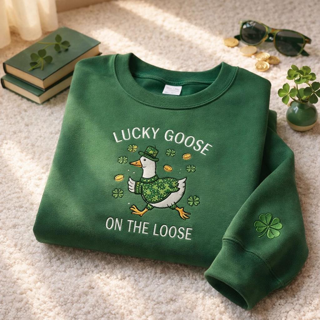 Embroidered St. Patrick’s Day Silly Goose Sweatshirt – Lucky Irish Goose Crewneck, Funny Shamrock Goose Gift