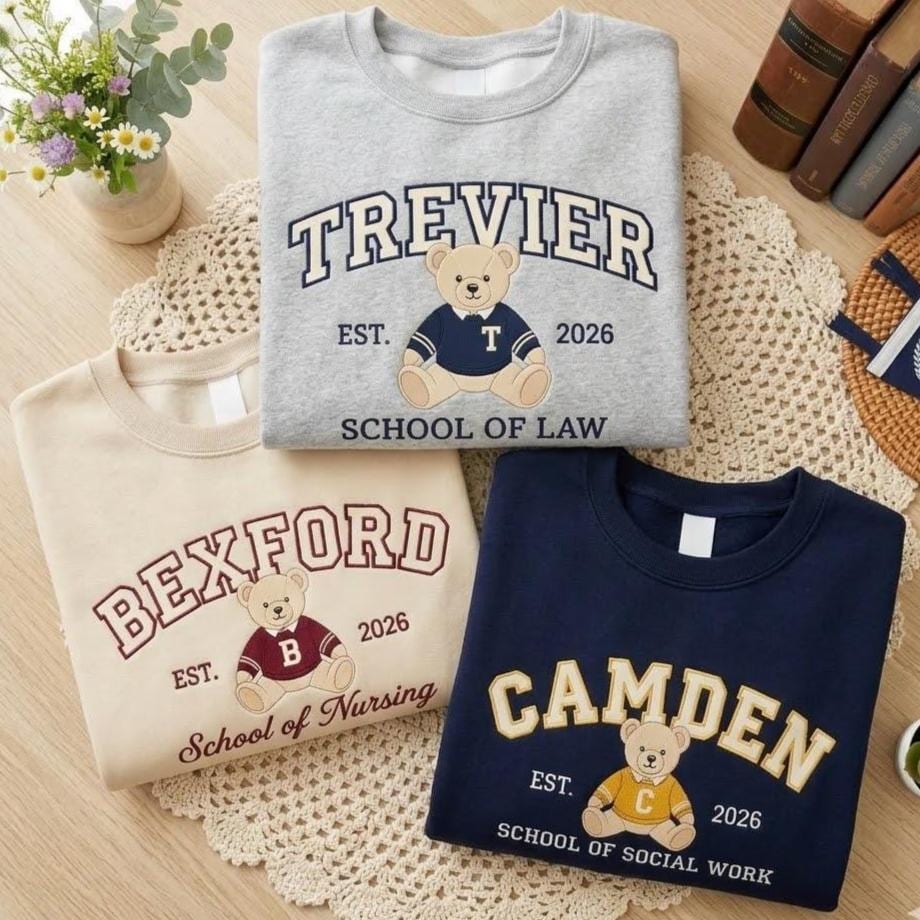 Teddy Bear Embroidered University Sweatshirt, Custom College Name Crewneck, Cute School Spirit Shirt, Team Apparel, College Student Gift