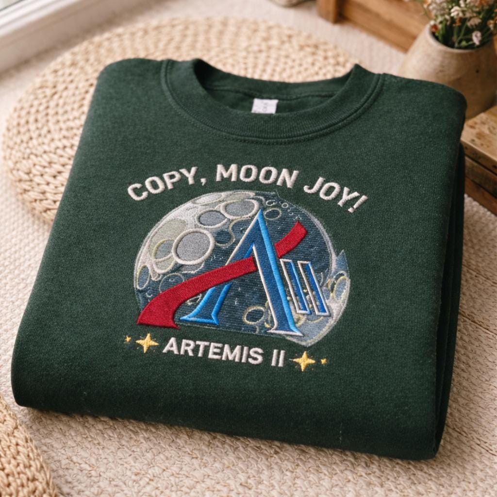 Embroidered Moon Joy Quote Sweatshirt, Minimal Lunar Shirt, Aesthetic Night Sky Top, Trendy Gift for Women