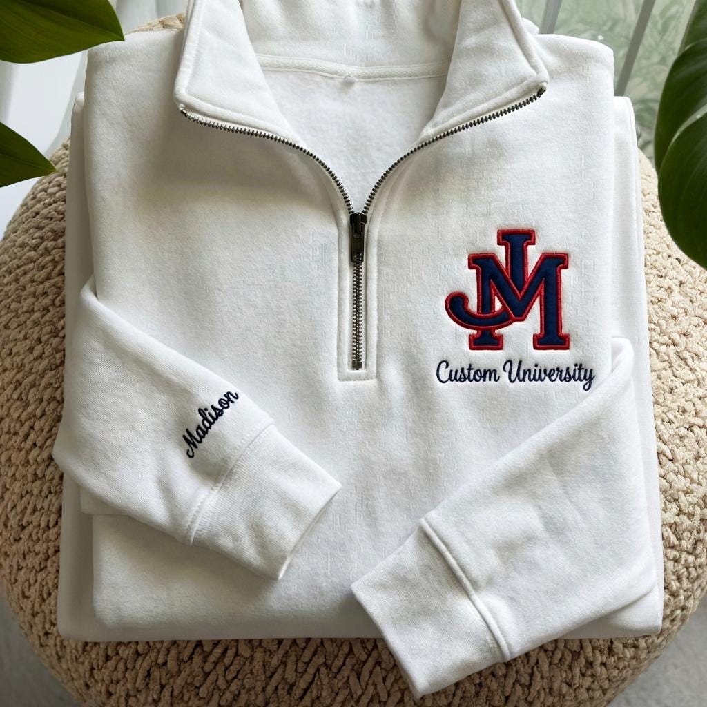 Personalized College University Logo Embroidered Quarter Zip Sweatshirt, Custom University Crewneck, College Sweatshirt, Graduation Gifts