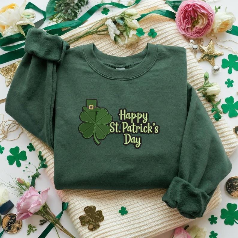 Happy St. Patrick’s Day Embroidered Sweatshirt – Lucky Clover & Leprechaun Irish Holiday Crewneck