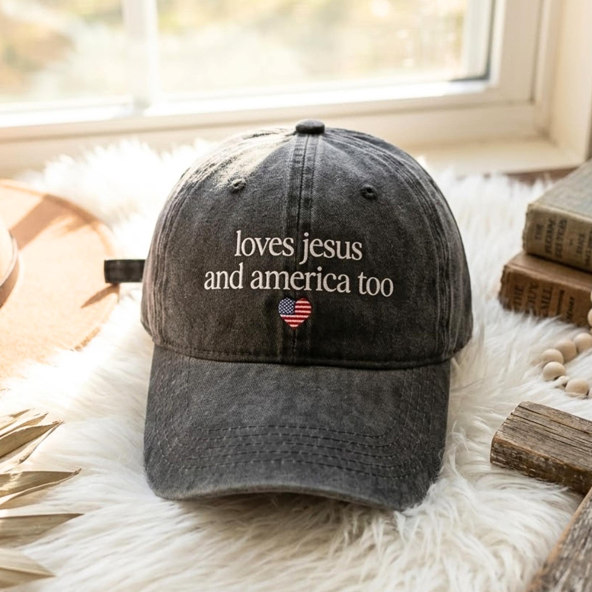 Loves Jesus and America Too Embroidered Washed Cotton Cap, Christian Patriotic Hat, Vintage Distressed Dad Hat, Faith Gift