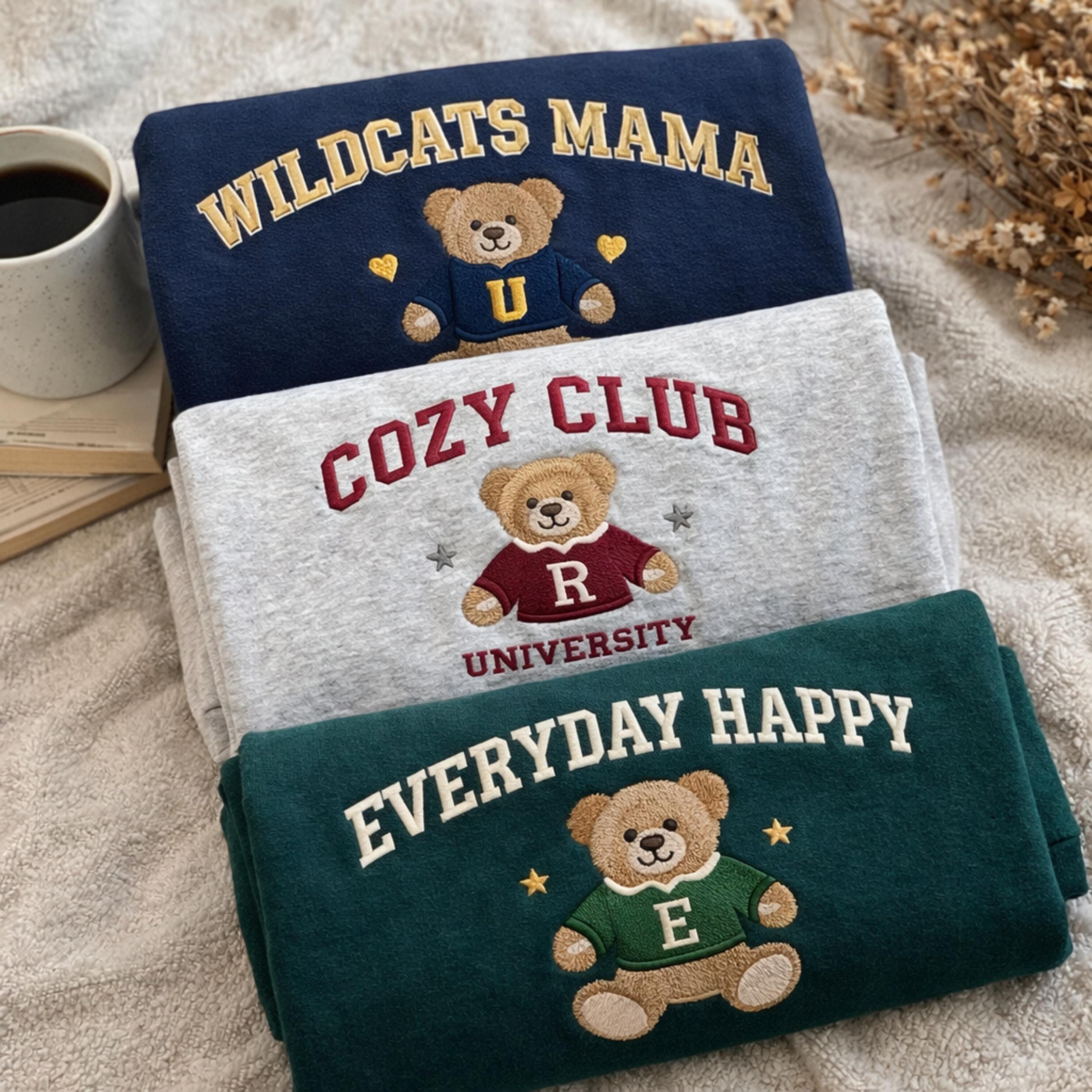Teddy Bear Embroidered University Sweatshirt, Custom College Name Crewneck, Cute School Spirit Shirt, Game Day Outfit, College Gift