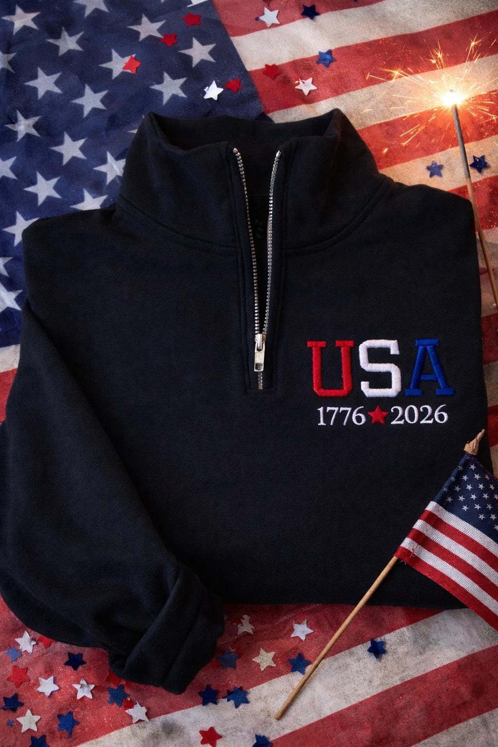 Embroidered USA Quarter Zip Sweatshirt | Patriotic Pullover | 1776–2026 Americana Unisex Sweatshirt | Fourth of July Gift