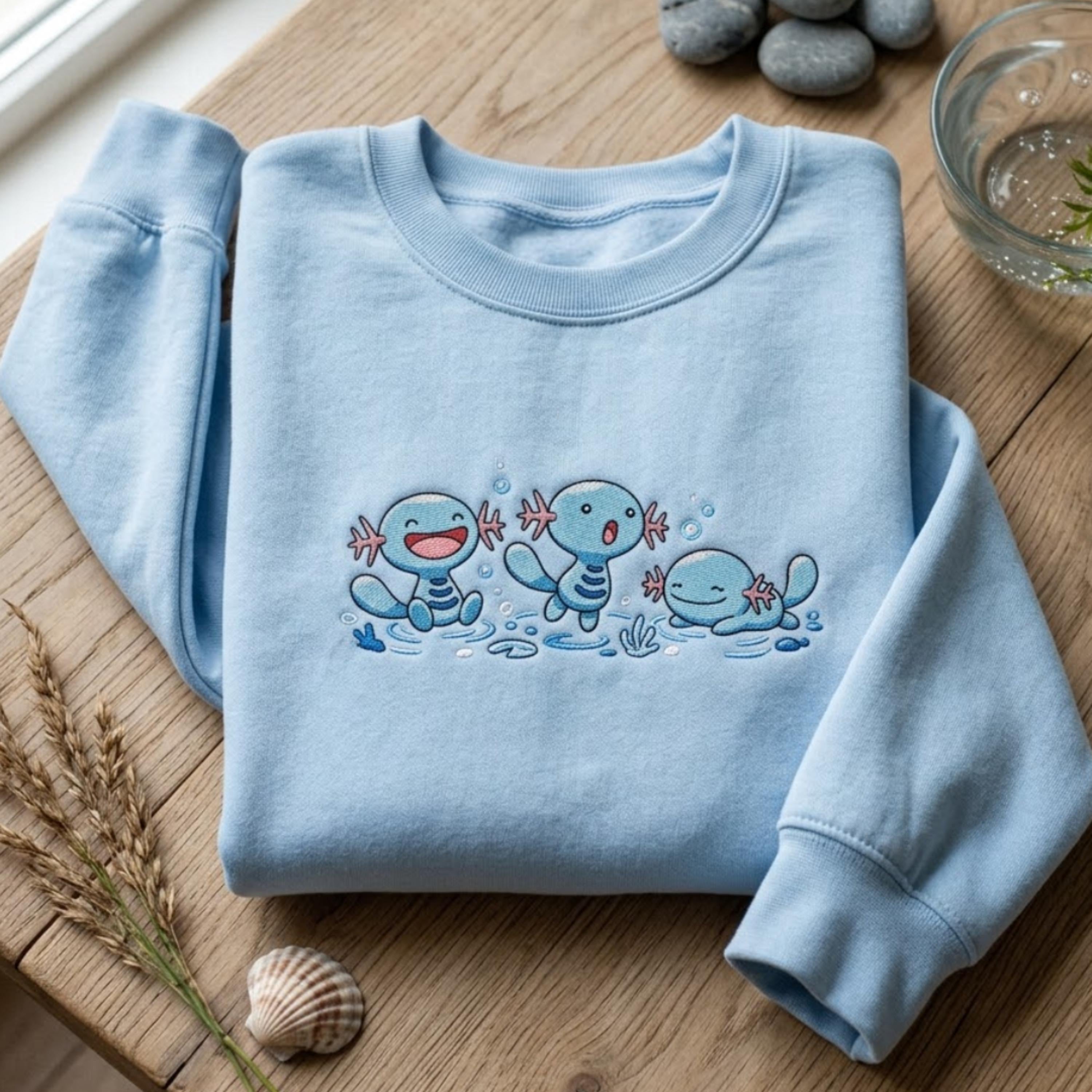 Wooper Embroidered Sweatshirt, Cute Poke Crewneck, Kawaii Anime Embroidery Shirt, PKM T-shirt, Gamer Gift, Pastel Aesthetic
