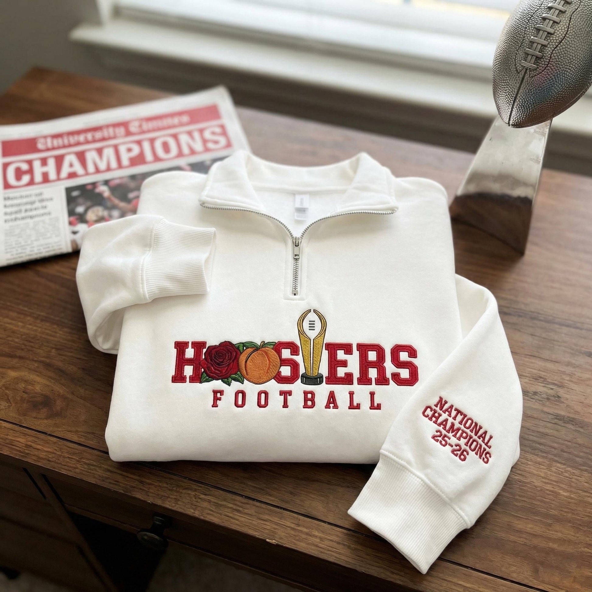 Embroidered Indiana Champions 2025–2026 Quarter Zip Sweatshirt – Indiana Football Trophy Sweater, Unisex Hoosiers Fan Apparel