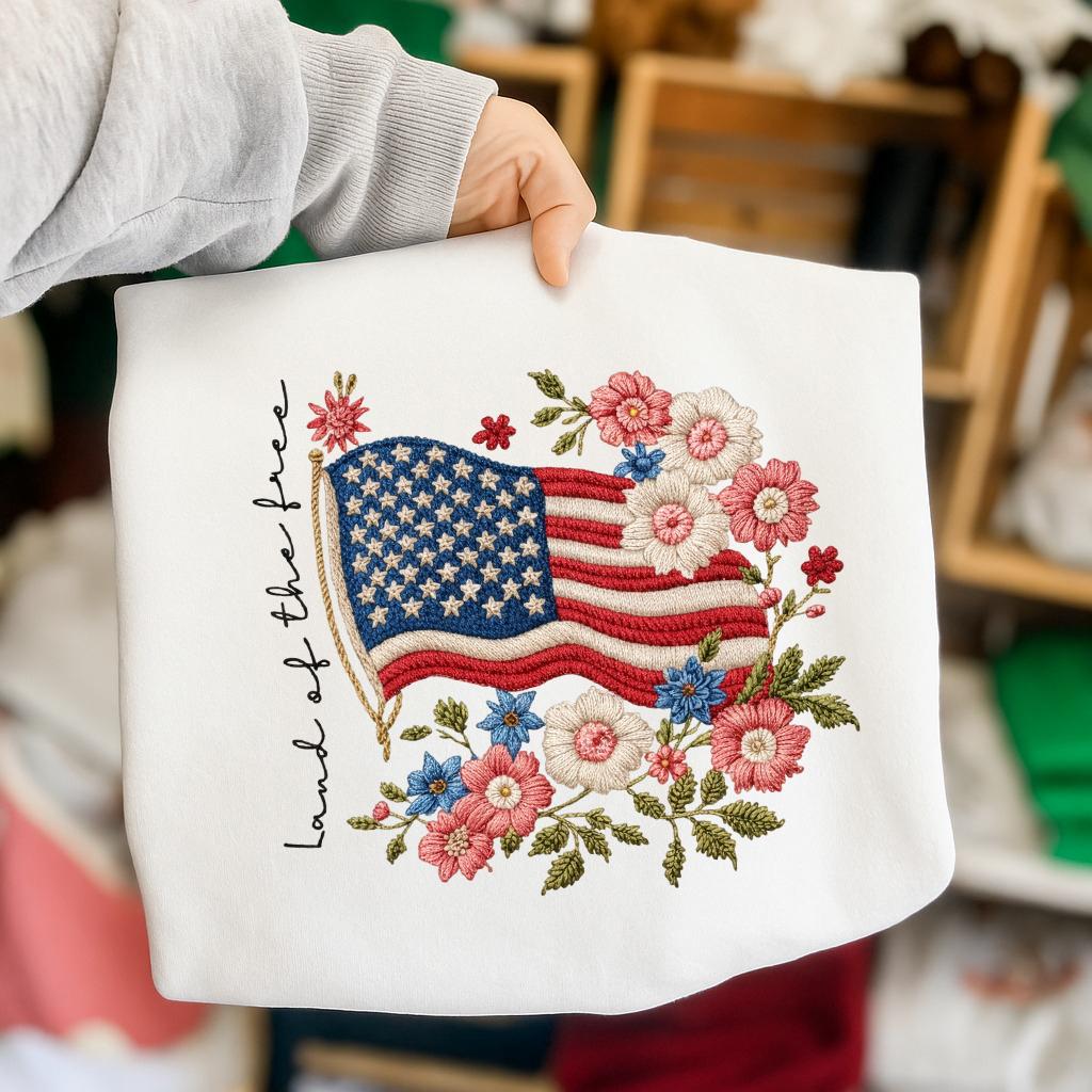 American Flag Floral Embroidered Sweatshirt – Love of the Land Patriotic Independence Day Crewneck