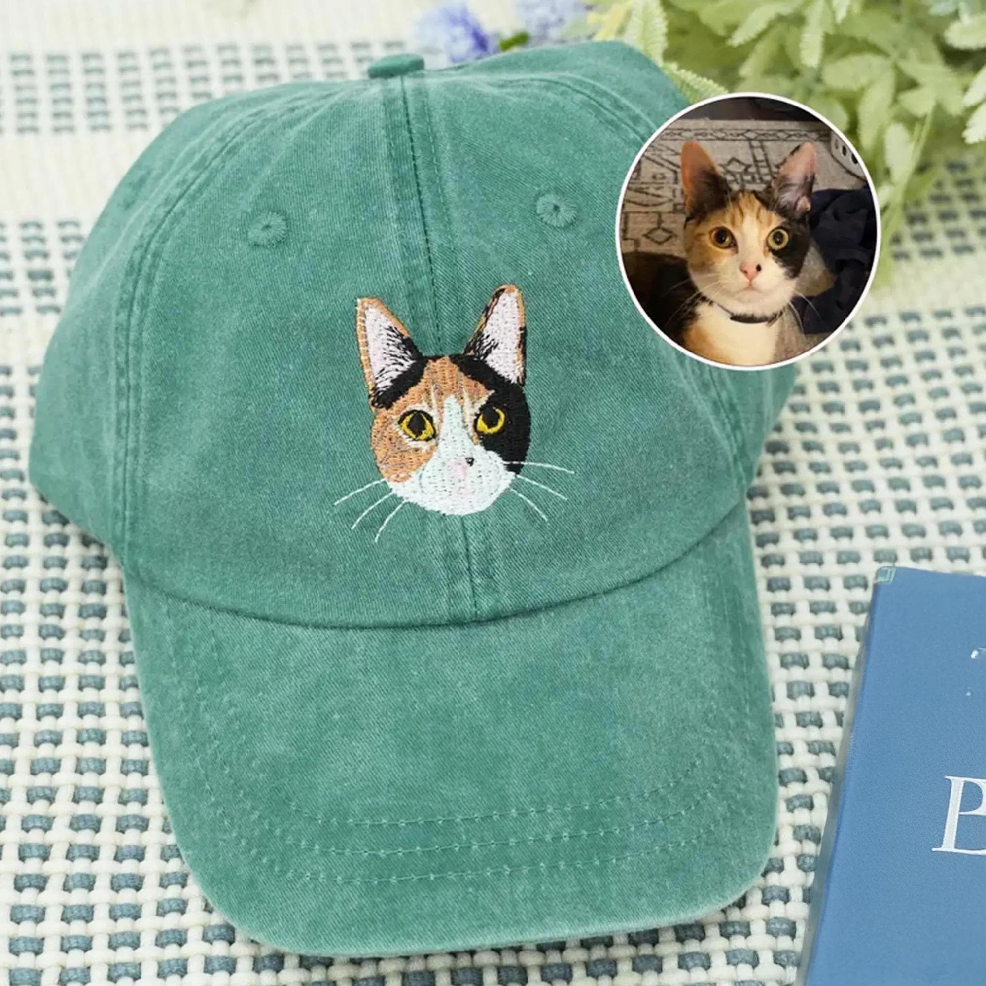 Custom Embroidered Fathers Day Hat with Cat Portrait, Birthday Gift for Dad, Personalized Hat for Dad, Cat Embroidered Hat Using Cat Photo