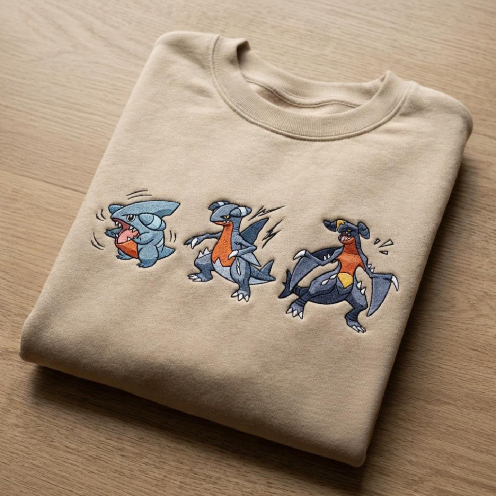 Gible Gabite Garchomp Evolution Embroidered Sweatshirt, Cute Pokemon Shirt, Kawaii Anime Embroidery, Gift for Pokemon Fans