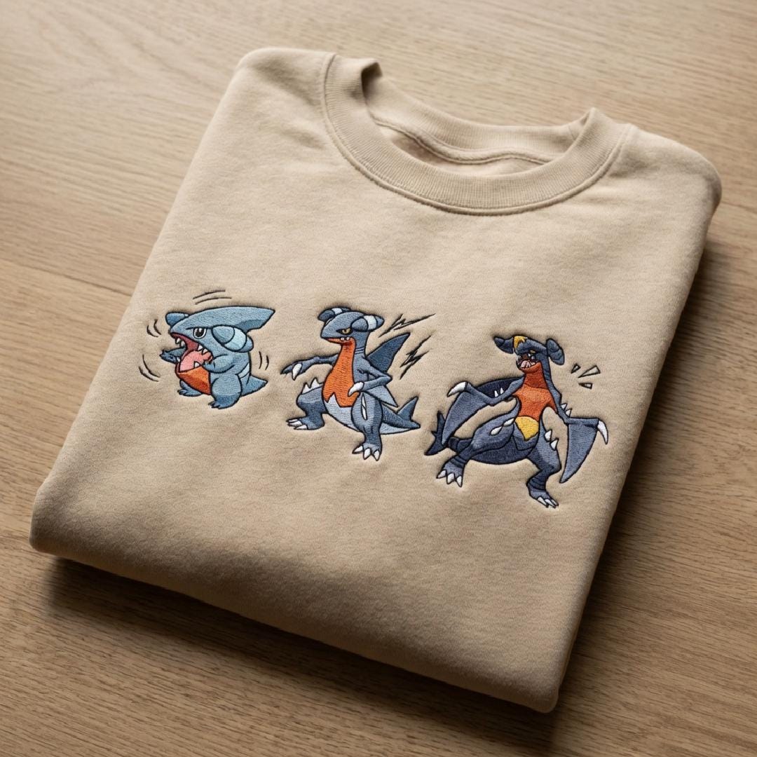 Gible Gabite Garchomp Evolution Embroidered Sweatshirt, Cute Pokemon Shirt, Kawaii Anime Embroidery, Gift for Pokemon Fans