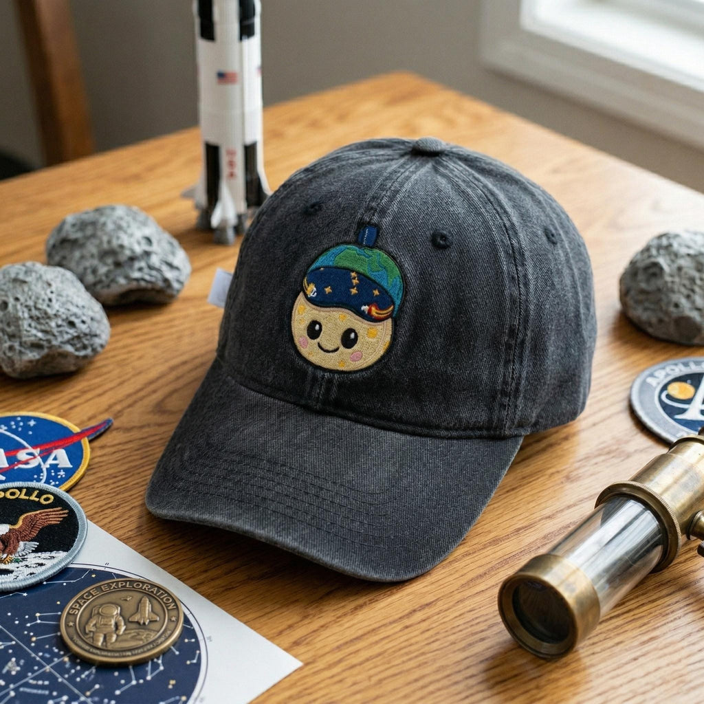 Embroidered Around the Moon Baseball Cap, Artemis Inspired Cute Space Mascot Hat, Universe Fan Gift Cap, Space Lover Hat