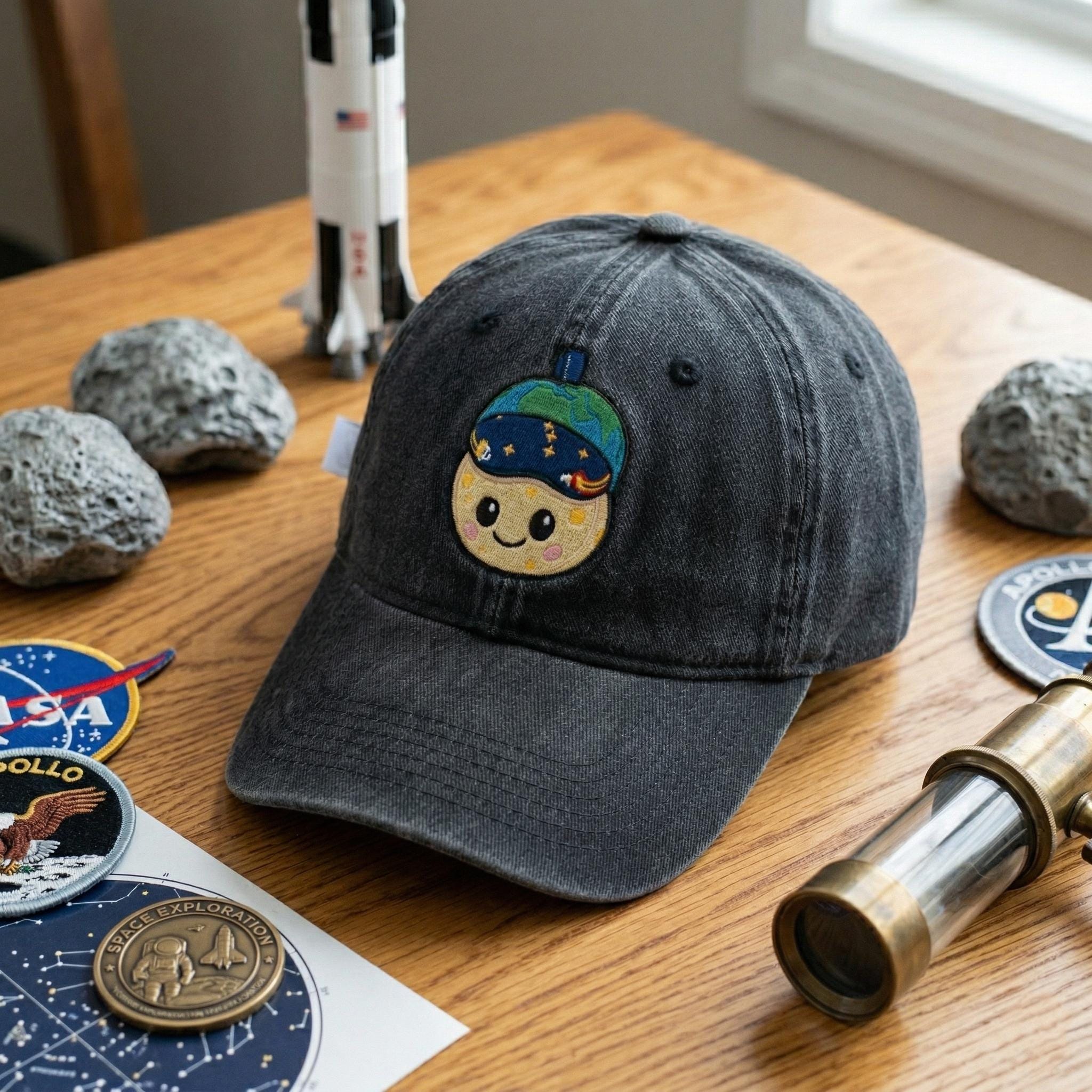 Embroidered Around the Moon Baseball Cap, Artemis Inspired Cute Space Mascot Hat, Universe Fan Gift Cap, Space Lover Hat