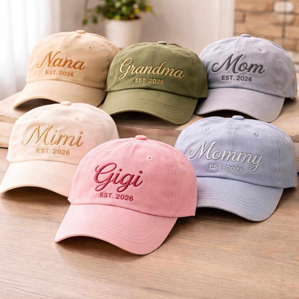 Custom Embroidered Family Caps, Personalized Mom Grandma Nana Gigi Mimi Hat, Vintage Dad Hat, EST 2026 Gift