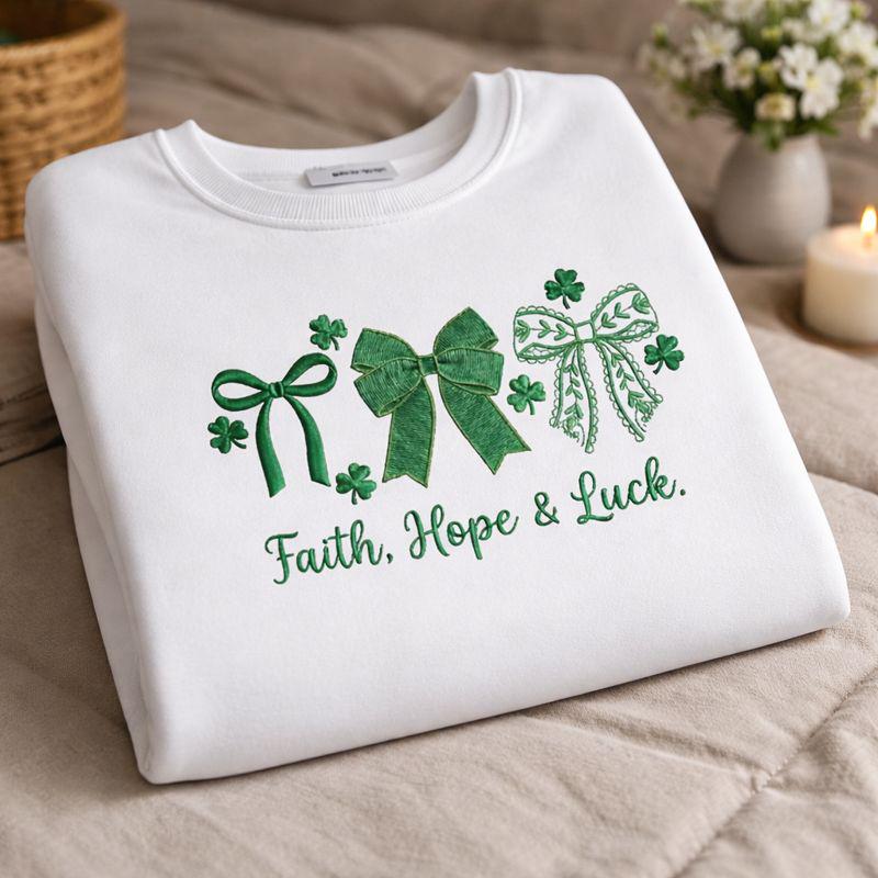Shamrock Bow Embroidered Sweatshirt – St. Patrick’s Day Quote Shirt, Cute Irish Holiday Crewneck