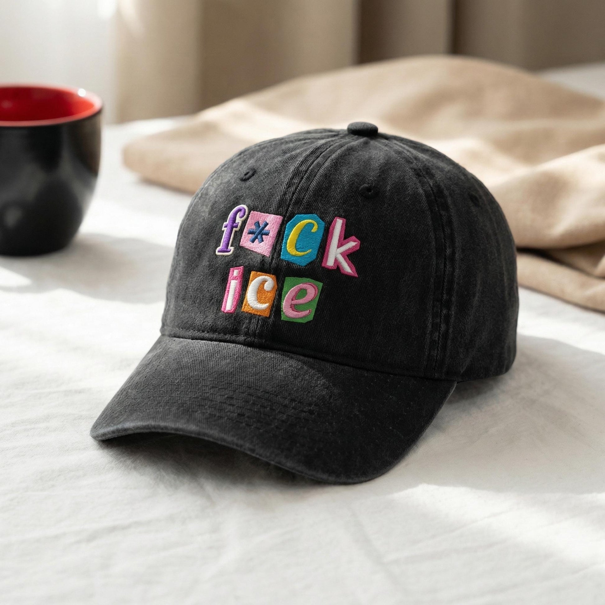 F*ck ICE Magazine Letters Embroidered Washed Baseball Hat – Abolish ICE Cap | FDT, No Human Is Illegal, Anti-MAGA Unisex Headwear