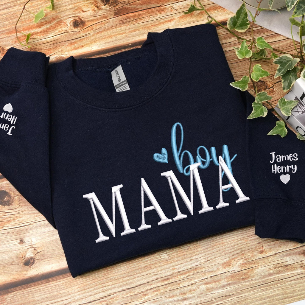 Boy Mama Embroidered Sweatshirt – Custom Kids Name on Sleeve, Boy Mom Club Crewneck, Mother and Son Gift