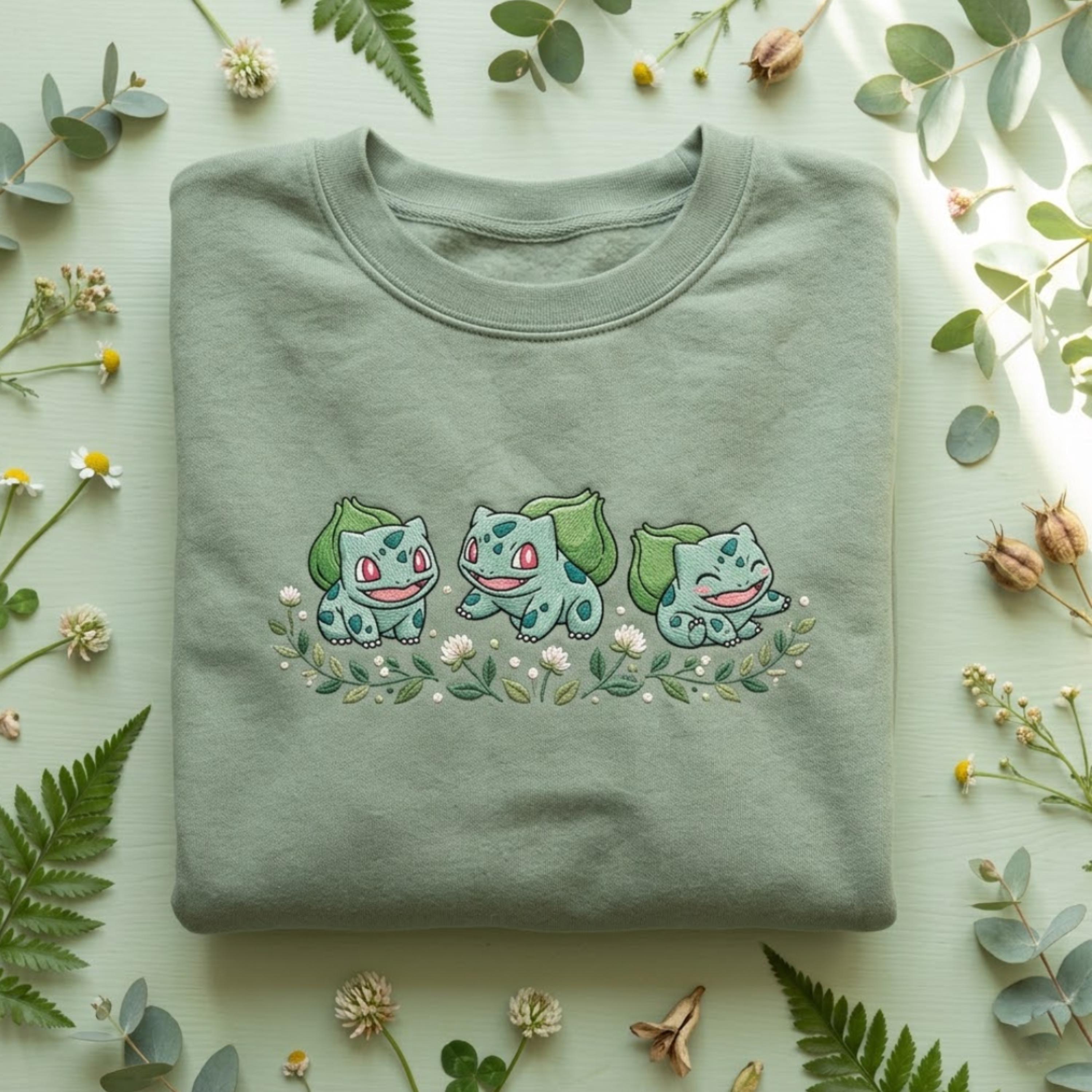 Bulbasaur Embroidered Sweatshirt, Cute Poke Crewneck, Kawaii Anime Embroidery Shirt, PKM T-shirt, Gamer Gift, Pastel Aesthetic