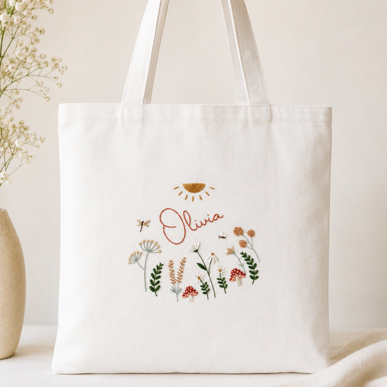 Personalized Hand Embroidered Flower Canvas Tote Bag, Cute Embroidery Tote Bag, Custom Bag, Aesthetic Bag, Handmade Tote Bag EMT01